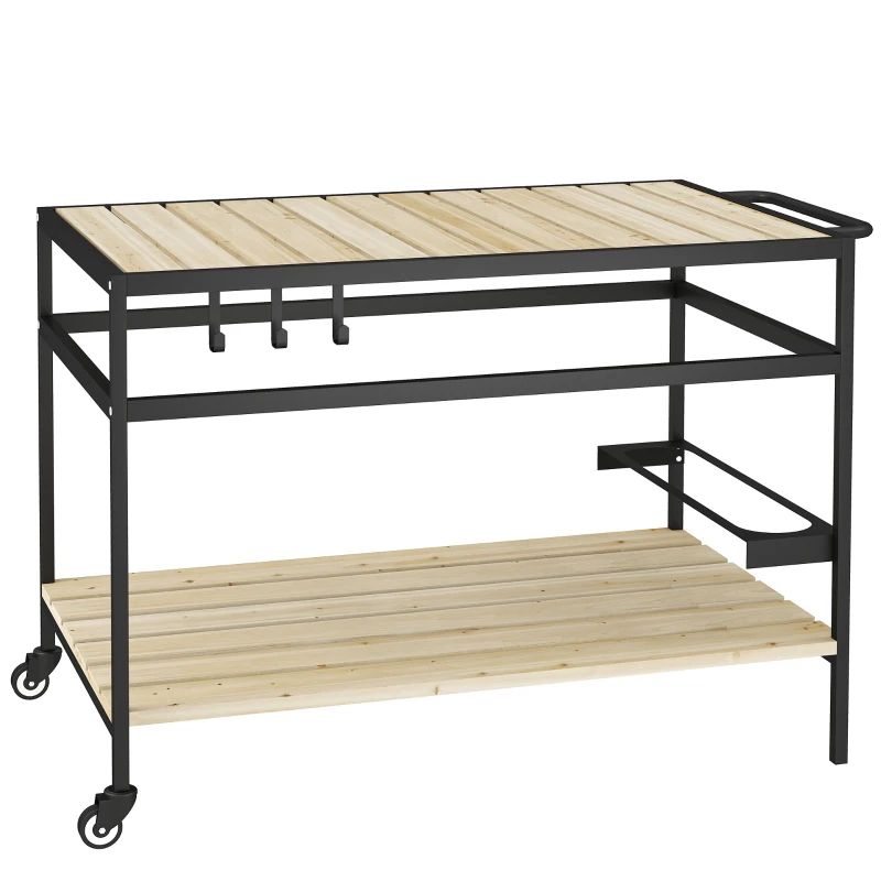 Outsunny Desserte de jardin chariot pour plancha en bois et métal 2 étagères 3 crochets 107 x 65 x 80 cm noir naturel