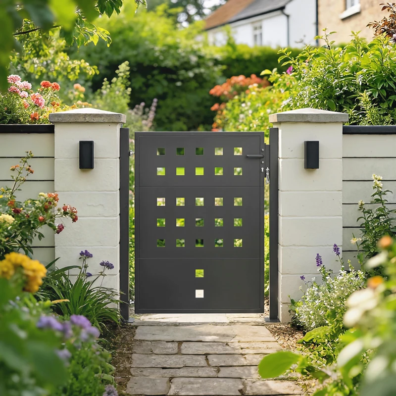 Outsunny Tuinhek van Gegalvaniseerd Staal Metalen Tuindeur met Handgreep, Slot en 3 Sleutels, Afsluitbaar Hek 105x130 cm Donkergrijs