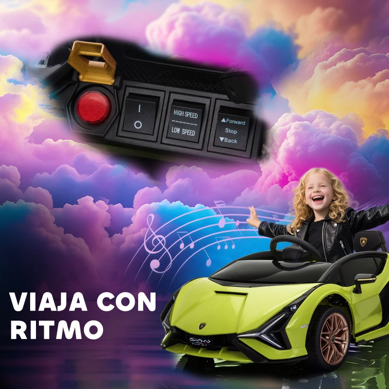 HOMCOM Coche Eléctrico para Niños de +3 Años Lamborghini SIAN Coche de Batería 12V con Mando a Distancia Apertura de Puerta Música MP3 USB y Faros 3-5 km/h 108x62x40 cm Verde