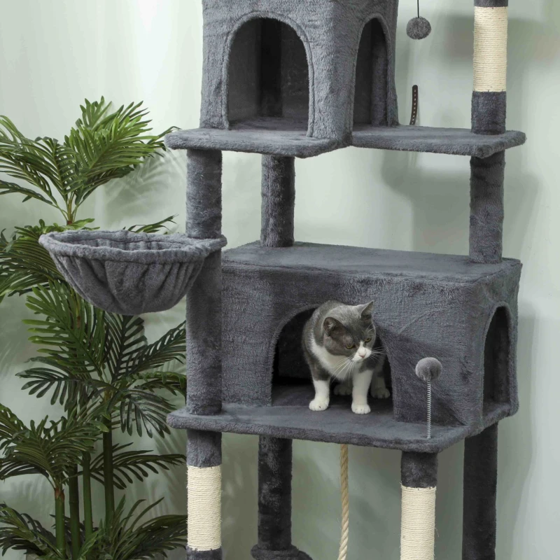 PawHut 202cm Large Cat Tree with 6 Scratching Posts, 2 Hammocks, 2 Condos, 2 Perches, Pompoms, for Indoor Cats to Rest and Play