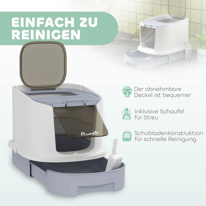 PawHut Katzenklo mit Deckel Obenliegender Eingang Schaufel ausziehbares Tablett für Katzen bis 4,5 kg, 40,5x52,5x42,5 cm Grau