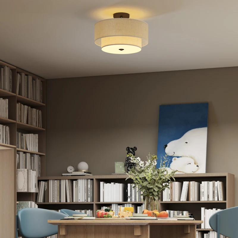 HOMCOM Modern Ceiling Light with Dual Linen Lampshades, Semi Flush LED Ceiling Light for Living Room, Bedroom, Kitchen, E14 Bulb Compatible, Cream White