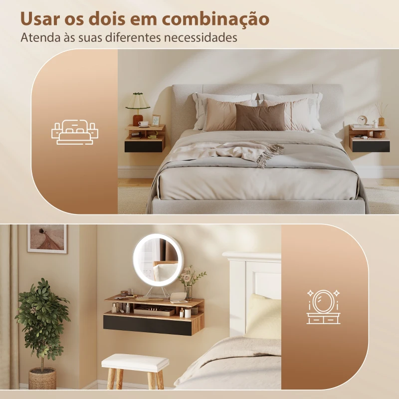 HOMCOM Conjunto de 2 Mesas de Cabeceira Suspensas com Gaveta Montadas na Parede 35x32x22,5 cm Carvalho e Preto