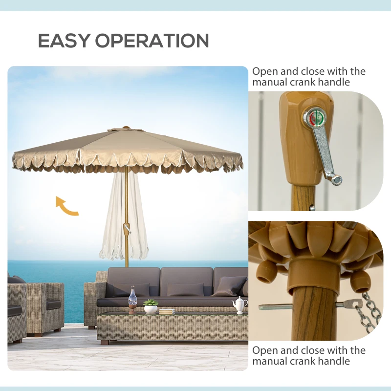 Parasol Outsunny z frędzlami, nachylany, z korbką, stal+poliester, khaki, Ø264 x 240 cm