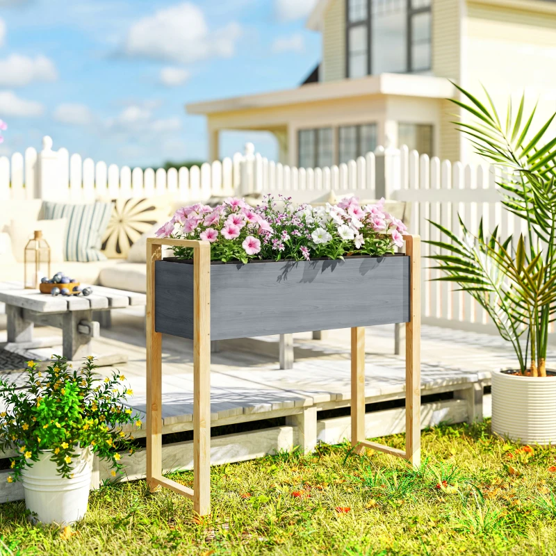 Outsunny Hochbeet Massivholz Pflanzbeet Frühbeet Gartenbeet Blumenkasten für Kletterpflanzen Blumen 98x37x90 cm Grau+Naturholz