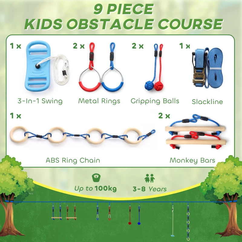 AIYAPLAY Ninja Line dla dzieci 10 m 9-częściowy zestaw Slackline z 2 pierścieniami gimnastycznymi, huśtawką 3 w 1, 2 drabinkami dla dzieci 3–8 lat, wielokolorowy