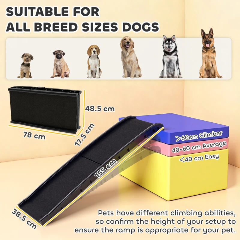 PawHut Foldable dog ramp, PP dog stairs with gentle slope and non-slip surface, 155x38.5x15.5cm, black