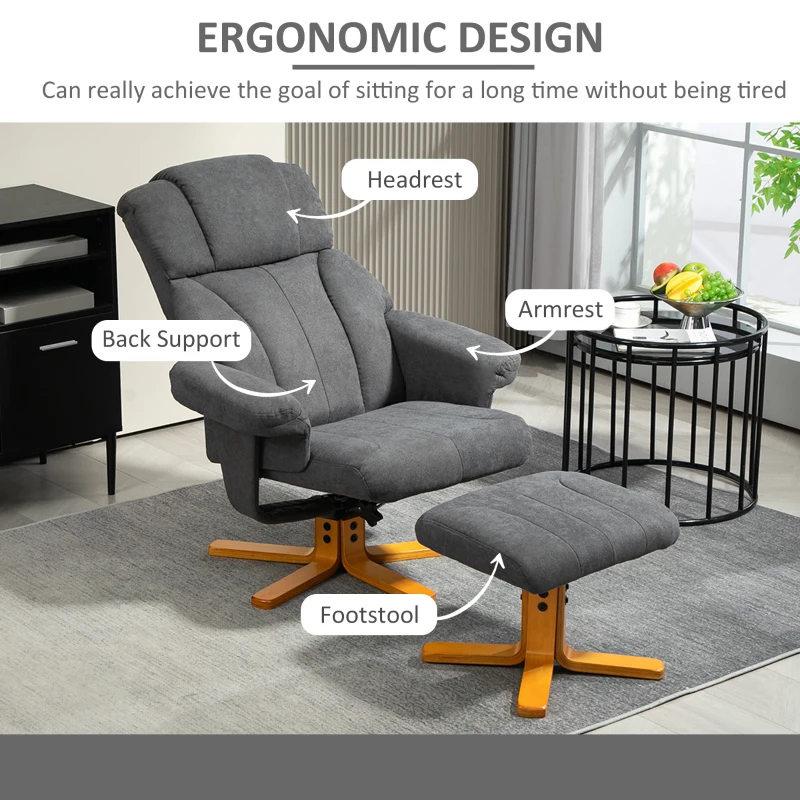 HOMCOM Regulowany Fotel z Podnóżkiem z Wysokim Oparciem i Drewnianą Ramą do Salonu, Sypialni, Ciemnoszary
