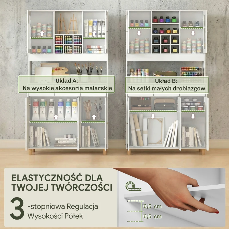 HOMCOM Biała szafka artystyczna 180cm – Witryna na dzieła i organizer do pracowni – Szkło, szuflada & regulowane półki – 100x40cm(m-6)