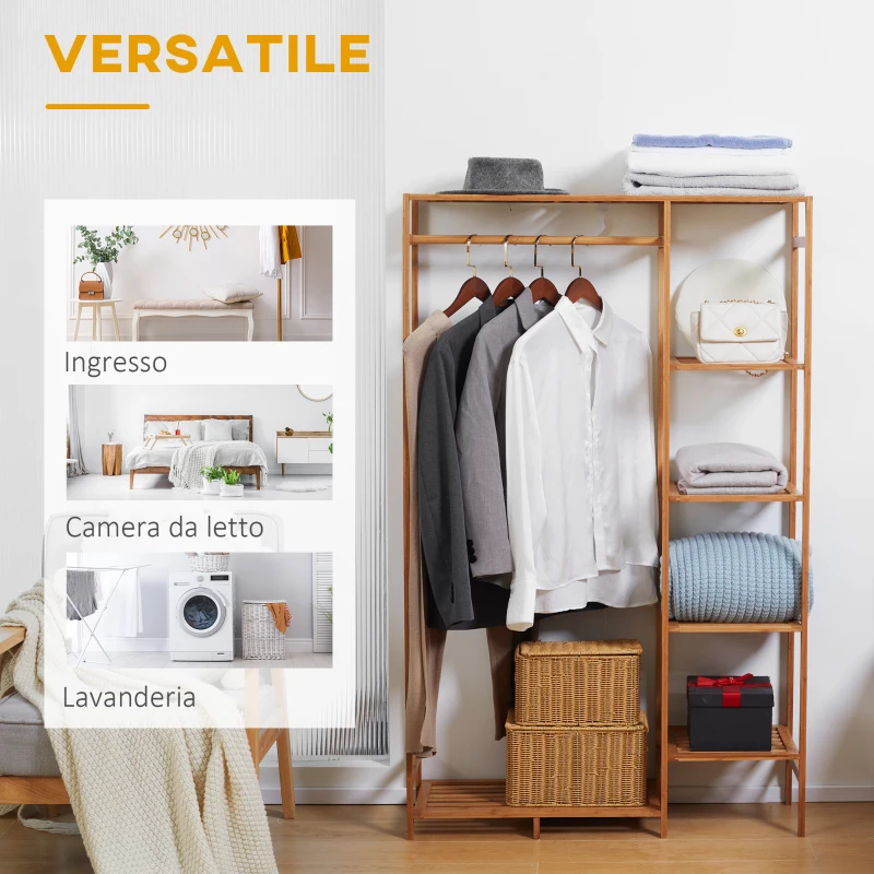 HOMCOM Appendiabiti in Bambù con Scaffale a 6 Livelli e Barra Attaccapanni, 90x30x145 cm, Legno Naturale