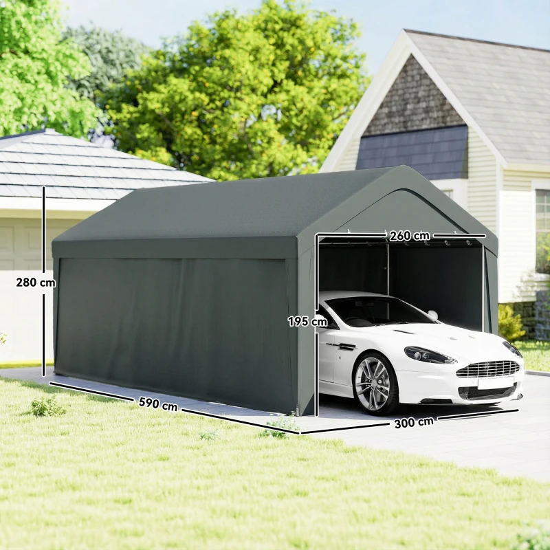 Outsunny Abrigo de Exterior 590x300x280 cm Garagem de Exterior para Carros Anti UV com Paredes Laterais Desmontáveis e 2 Portas Cinza Escuro