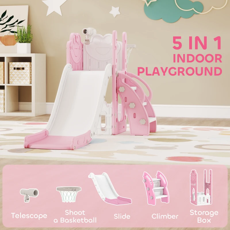 AIYAPLAY 5 in 1 Kids Slide Set with Basketball Hoop, Climbing Frame, Telescope, Storage Box for Toddlers Ages 1-3, Pink