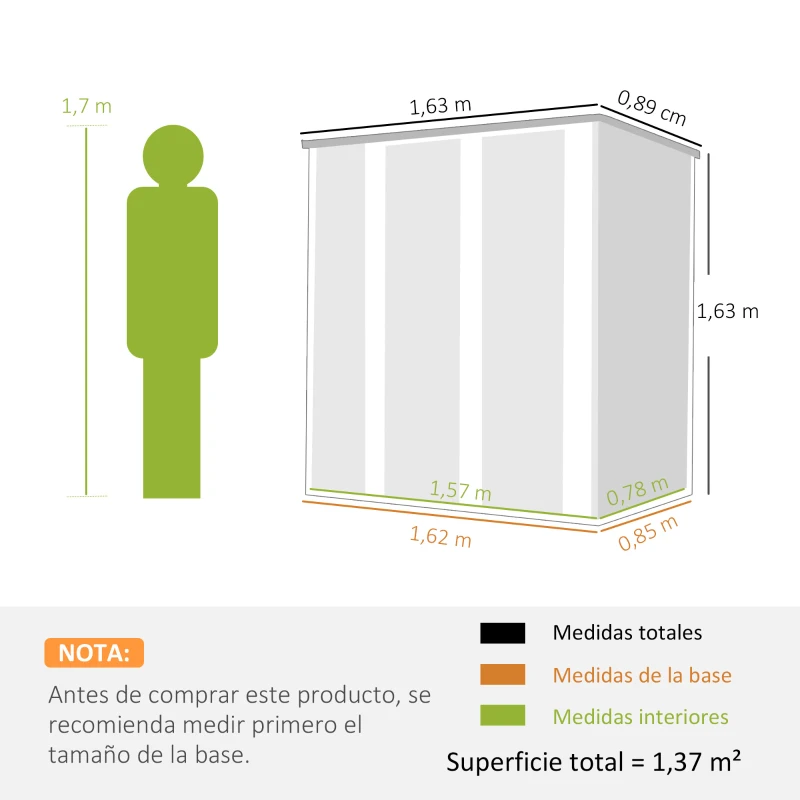 Outsunny Cobertizo de Jardín Exterior Metálico 1,37 m² 163x89x163 cm con Techo Inclinado, Puertas con Pestillo y Guantes Gris