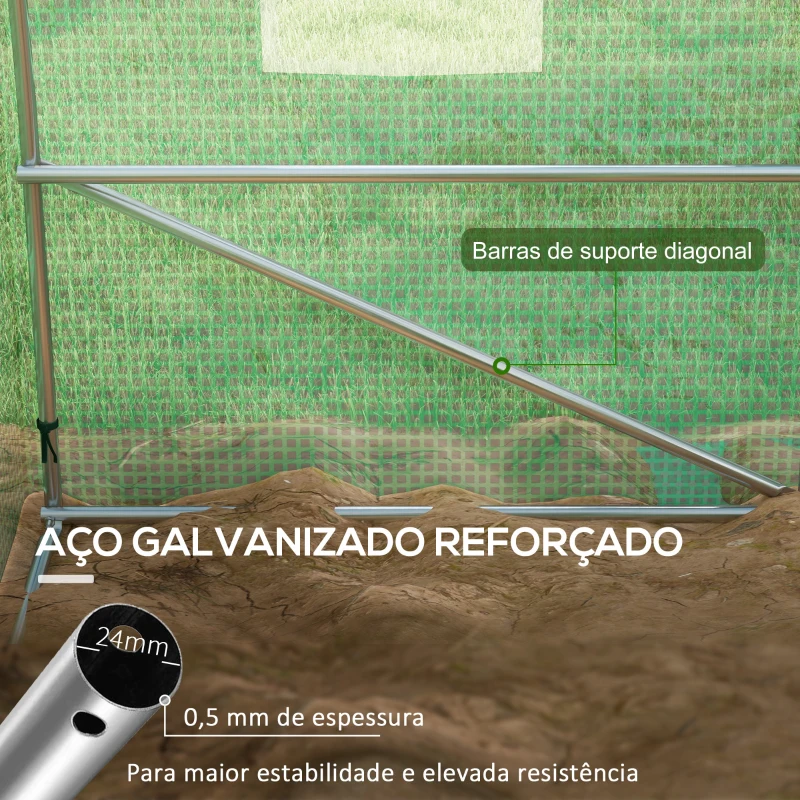 Outsunny Estufa Tipo Túnel 6x3x2 m com Sistema de Rega Integrado 12 Janelas com Rede e 1 Porta Enrolável Verde