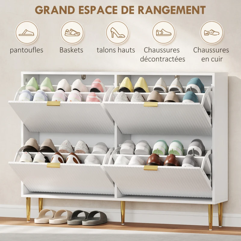 HOMCOM Meuble à chaussures 20 paires avec 4 tiroirs rabattables, portes cannelées et étagères réglables, 105x24x91,5cm, blanc