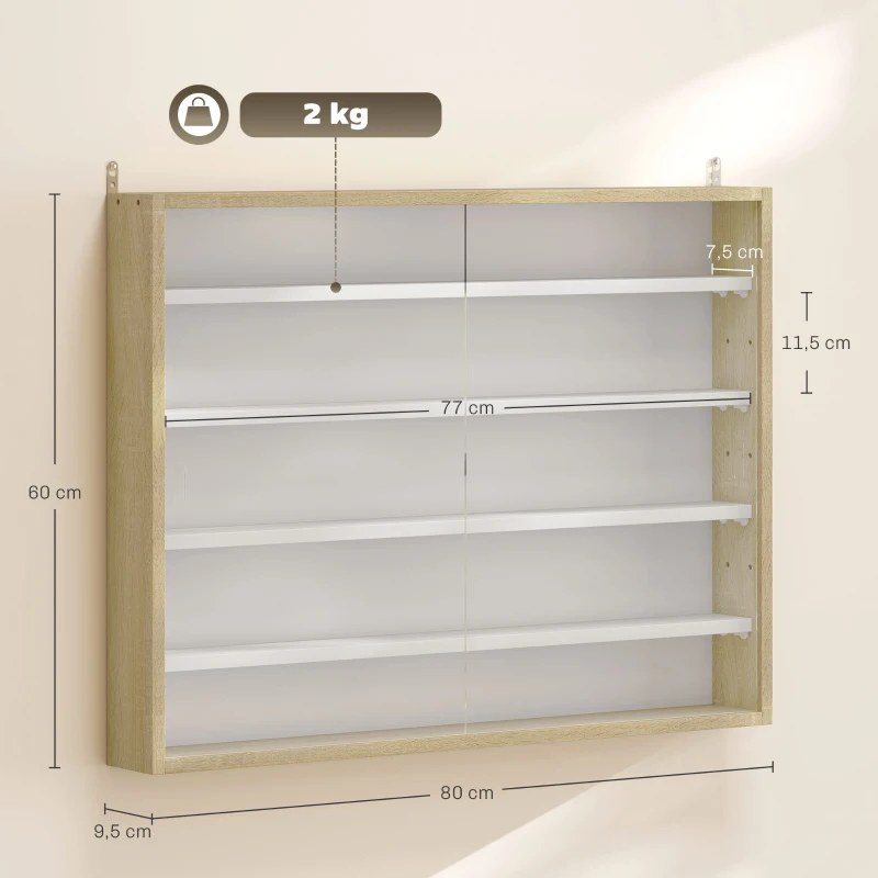HOMCOM Vitrina de Pared de Madera con Estantes Ajustables y 2 Puertas Correderas de Cristal 80x9,5x60 cm Blanco y Natural