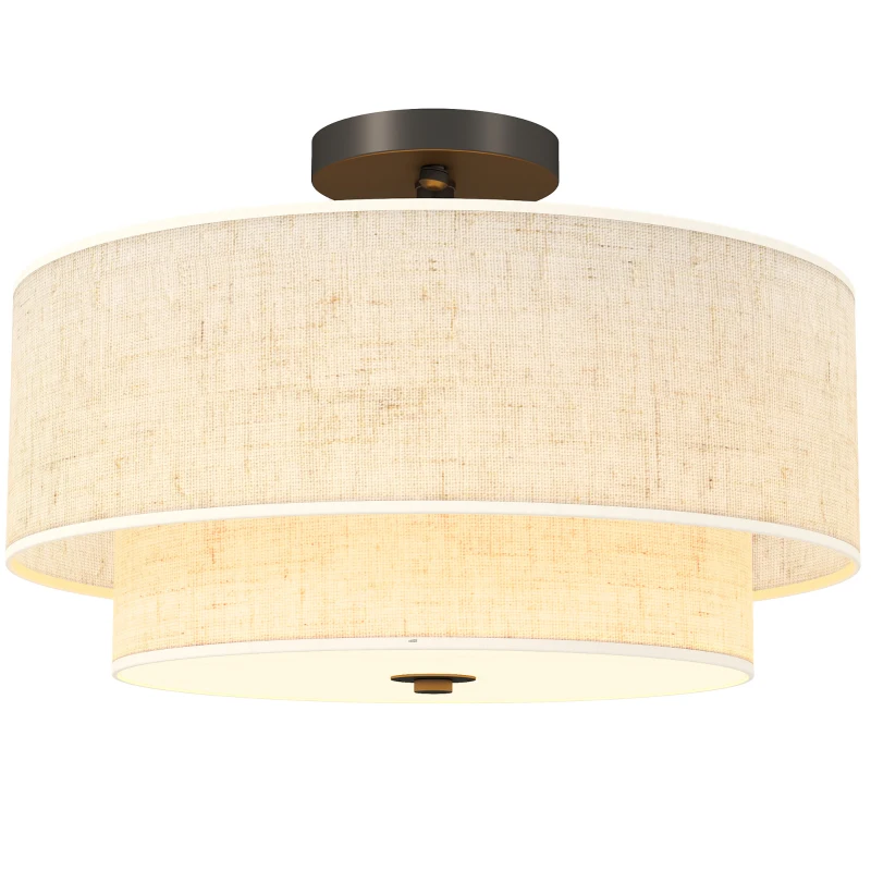 HOMCOM Modern Ceiling Light with Dual Linen Lampshades, Semi Flush LED Ceiling Light for Living Room, Bedroom, Kitchen, E14 Bulb Compatible, Cream White