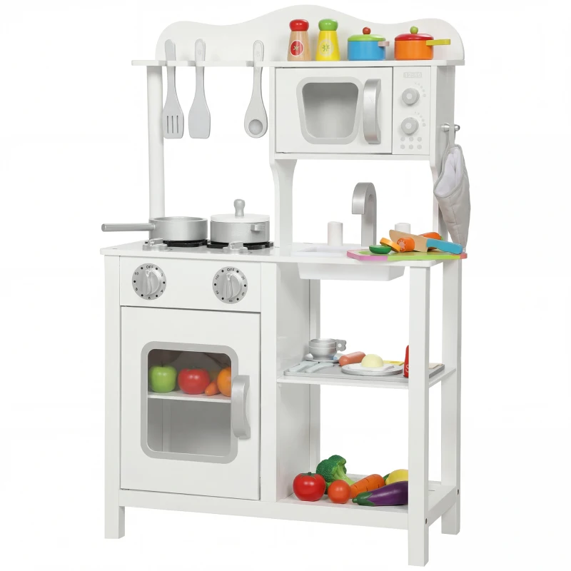 AIYAPLAY Cocina de Juguete de Madera con Sonido Accesorios Fregadero y Microondas para Niños a Partir de 3 Años Blanco