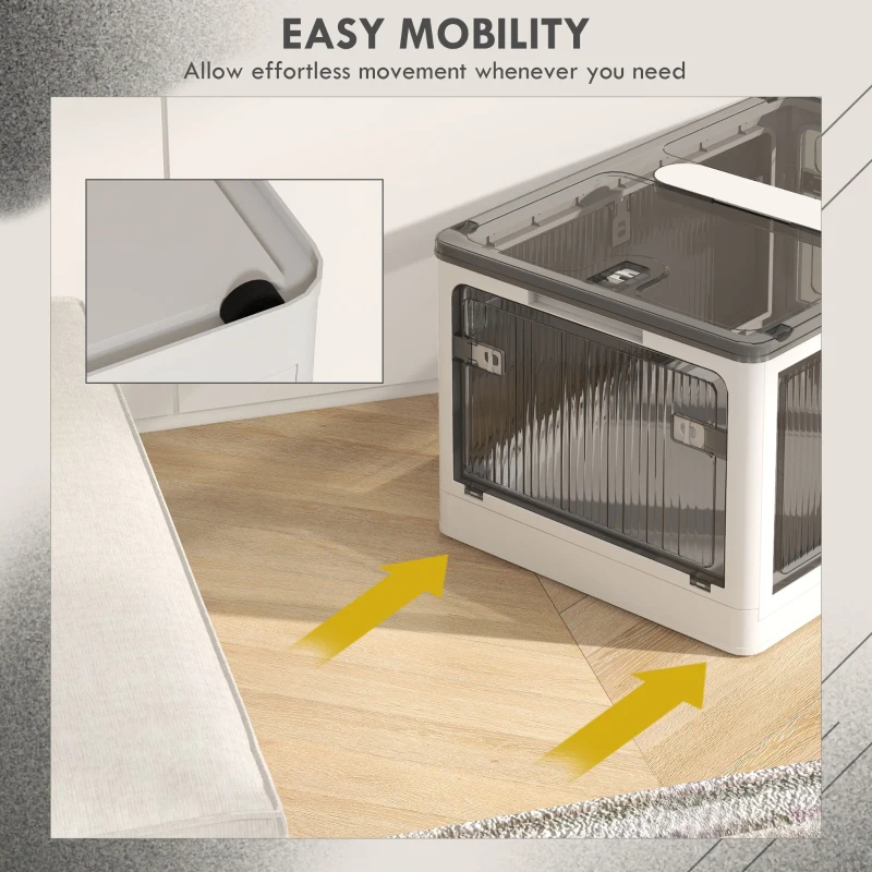 HOMCOM Stackable Storage Bins with Lids, Collapsible Storage Bins, Foldable Storage Box on Wheels with 5-sided Access, Plastic Storage Container with Doors, 69L, White
