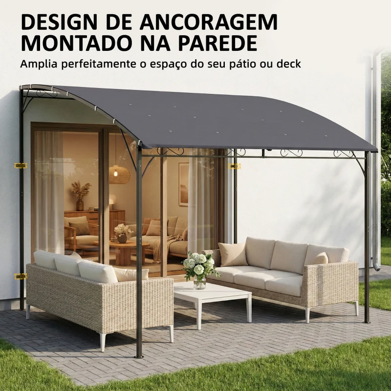 Outsunny Pérgola de Parede 2,8x3,8 m com Teto Inclinado Orifícios de Drenagem e Estrutura Metálica Cinzento