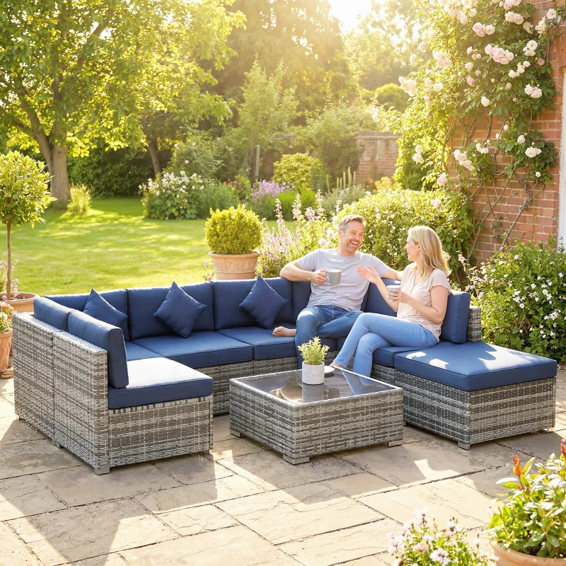 Outsunny 8 Pieces PE Rattan Corner Sofa Set, Outdoor Garden Furniture Set, Patio Wicker Sofa Seater w/ Cushion, Dark Blue