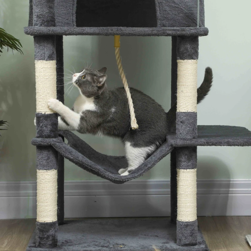 PawHut 202cm Large Cat Tree with 6 Scratching Posts, 2 Hammocks, 2 Condos, 2 Perches, Pompoms, for Indoor Cats to Rest and Play