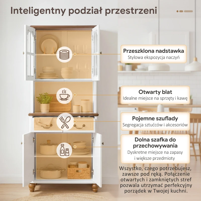 HOMCOM Szafka kuchenna z 2 szufladami, wysoki szafką z otwartą półką, szafka z witryną i funkcją Soft-Close do salonu, kuchni, 76 x 38 x 182 cm, biały(m-9)