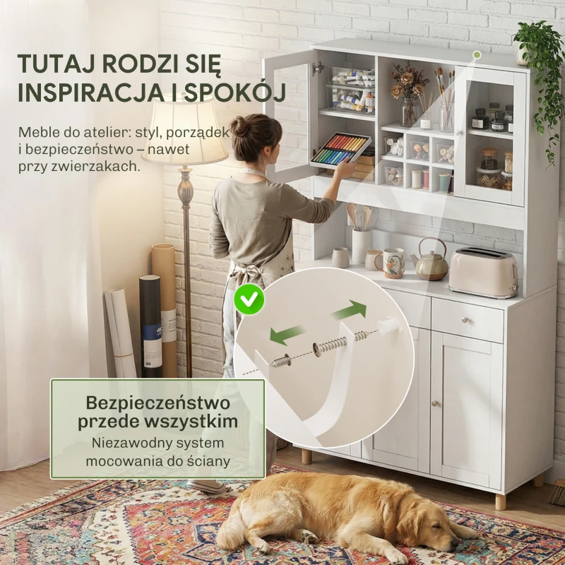 HOMCOM Biała szafka artystyczna 180cm – Witryna na dzieła i organizer do pracowni – Szkło, szuflada & regulowane półki – 100x40cm(m-7)