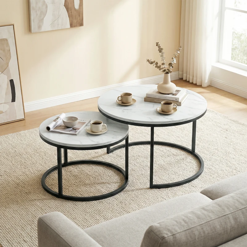 HOMCOM Lot de 2 tables basses gigognes empilable design industriel pieds en métal blanc