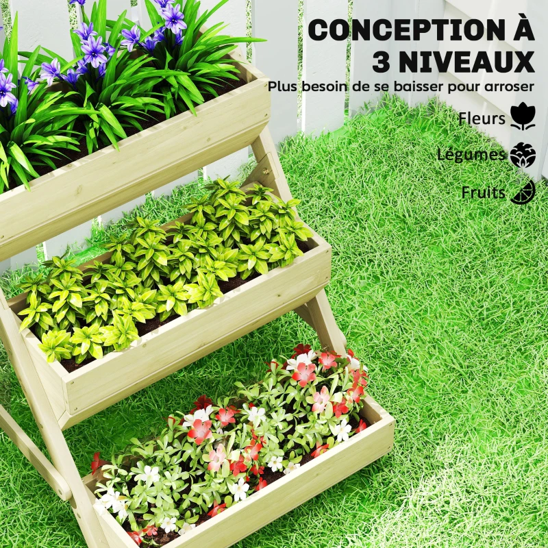 Outsunny Jardinière surélevée en bois avec 3 étages, étagère en escalier pour plantes avec trous de drainage, 65x75x76cm, vert