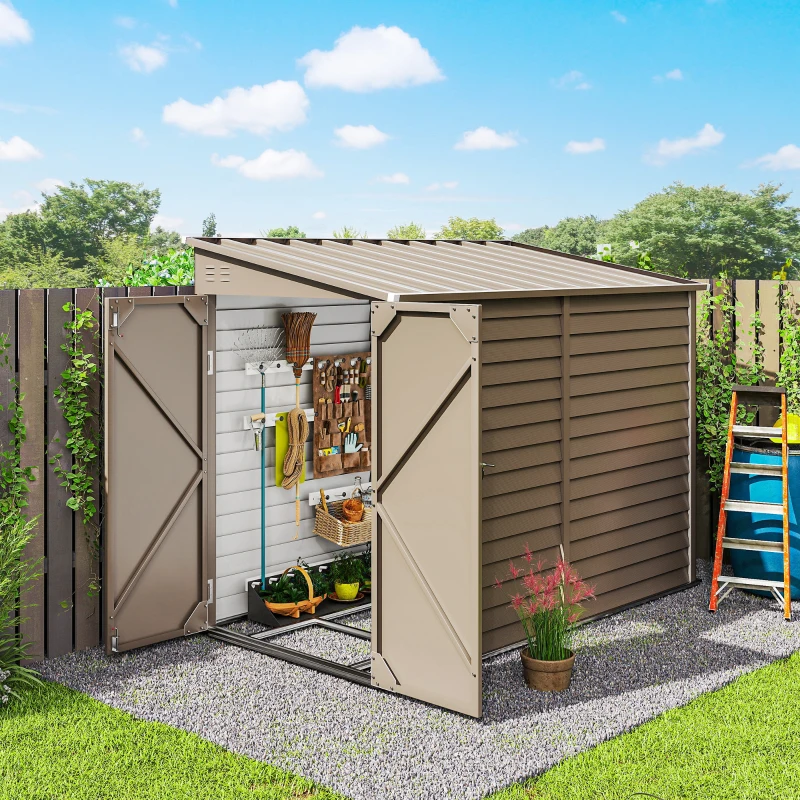 Outsunny 5 x 9ft Galvanised Metal Garden Shed with Foundation Kit, Outdoor Lean-to Shed, Tool Storage House with Lockable Doors, Gloves and 2 Air Vents for Patio, Garden, Brown