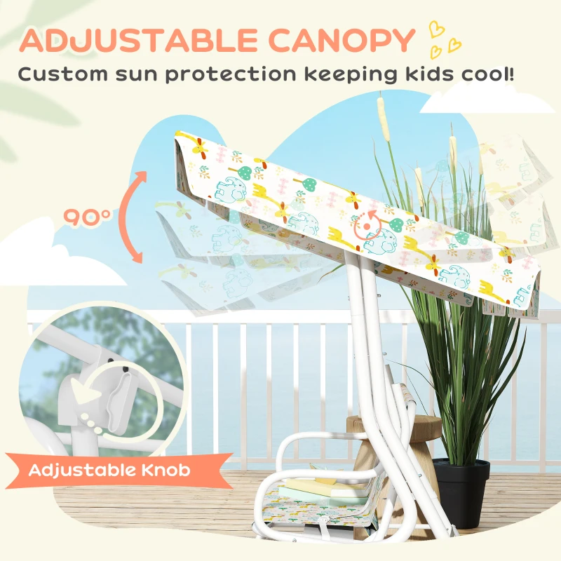 AIYAPLAY Kids Garden Swing Chair with Adjustable Canopy, Safety Belt, 2 Seater Hammock Swing Bench for Patio, Porch, White