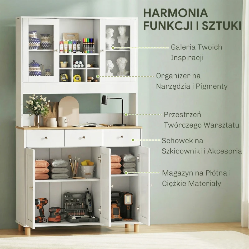 HOMCOM Biała szafka artystyczna 180cm – Witryna na dzieła i organizer do pracowni – Szkło, szuflada & regulowane półki – 100x40cm(m-5)