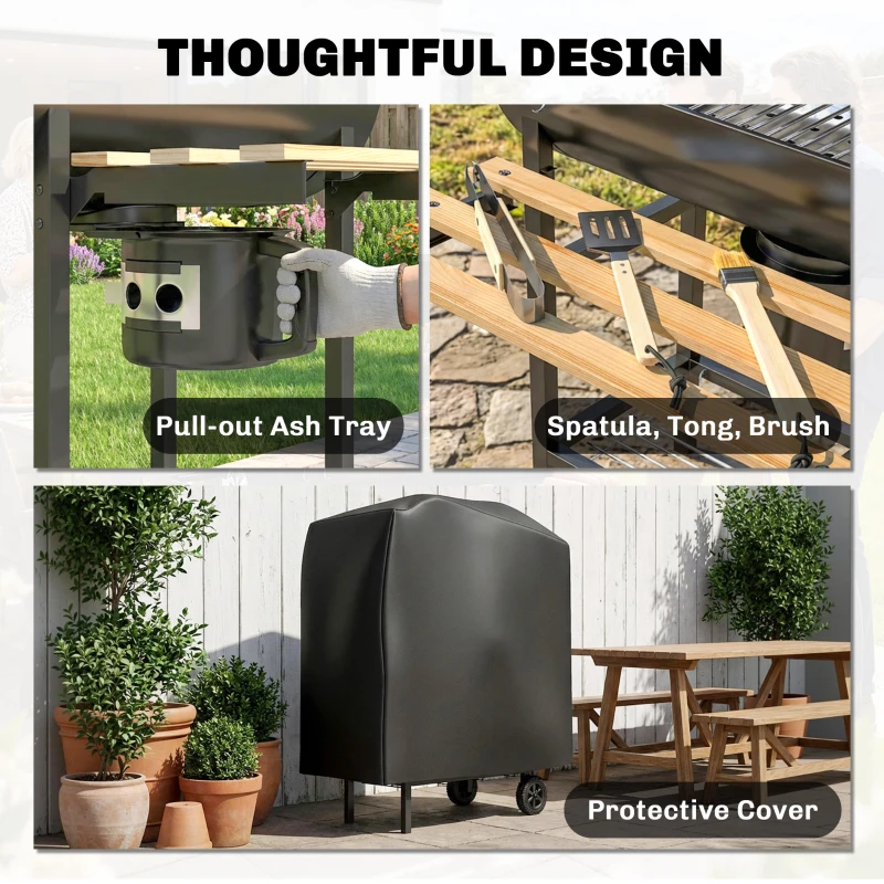 Outsunny Barbecue a carbone con ripiani pieghevoli, termometro e spiedo elettrico, Nero