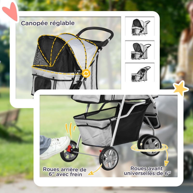 PawHut Poussette buggy pliable animaux, chariot pliant chien chat, porte-gobelet panier de rangement inclus, roues avec frein, tissu 600D Oxford acier, 75 x 45 x 97 cm gris(m-6)