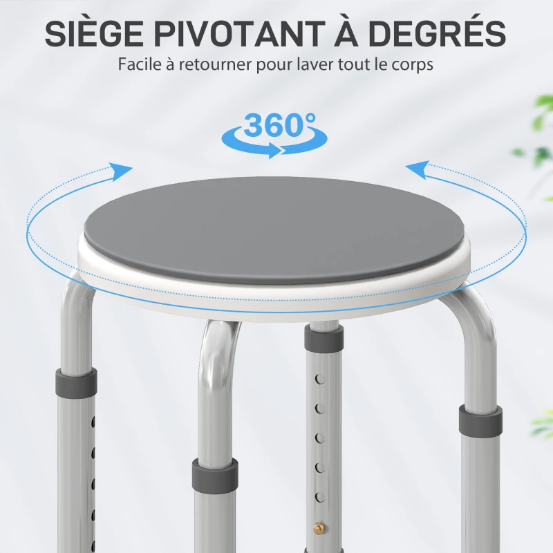 HOMCOM Tabouret de douche siège de douche antidérapant tabouret de bain hauteur réglable pivotant à 360° en aluminium