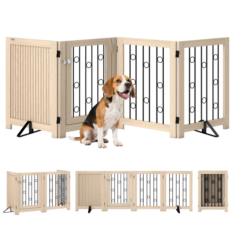 PawHut 4 Panel Freestanding Pet Gate, Indoor Dog Barrier with Lockable Door, Support Feet, 360° Flexible Hinges, Oak