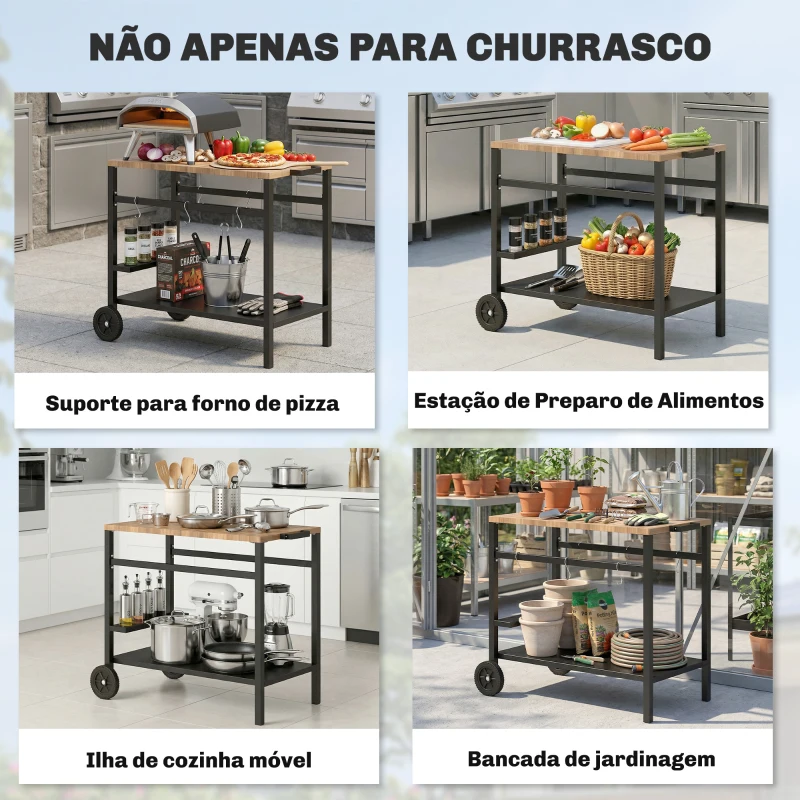 Outsunny Carrinho de Churrasco de 2 Níveis Mesa Auxiliar para Churrasco Móvel com Rodas Porta-bebidas Ganchos Pega Preto e Castanho