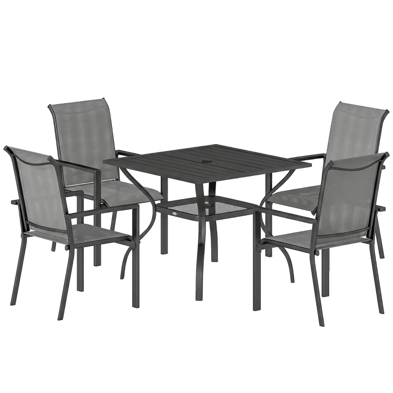 Outsunny 5 Pieces Outdoor Dining Set for 4, Garden Table and Stackable Chairs with Breathable Mesh Seat and Parasol Hole, Grey