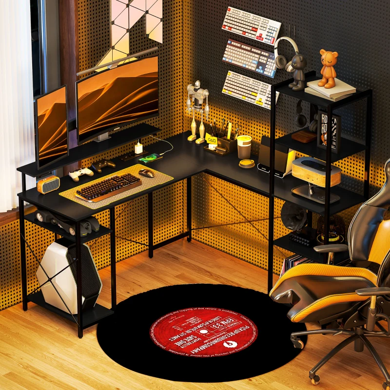 HOMCOM L-vormig Bureau met Oplaadstation, Hoek Computertafel met Monitorstandaard en Planken, voor Thuiswerkplek, Kantoor, Zwart(m-10)