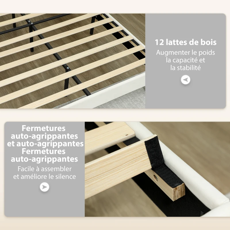 HOMCOM Cadre de lit double 140 x 190 cm lit 2 personnes tête de lit réglable sommier 150 x 198 x 101/106/111/116/121 cm crème