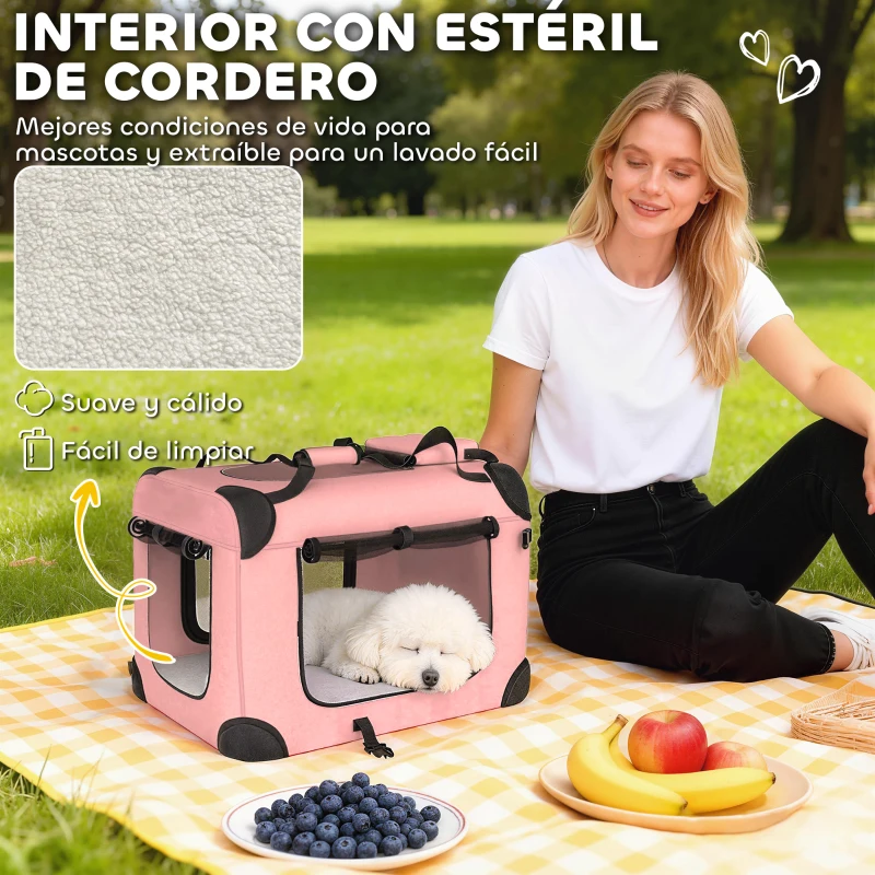 PawHut Transportín para Perros Plegable 60x41,5x41 cm con Ventanas de Malla Cojín Suave y 2 Asas para Mini Perros y Gatos Rosa