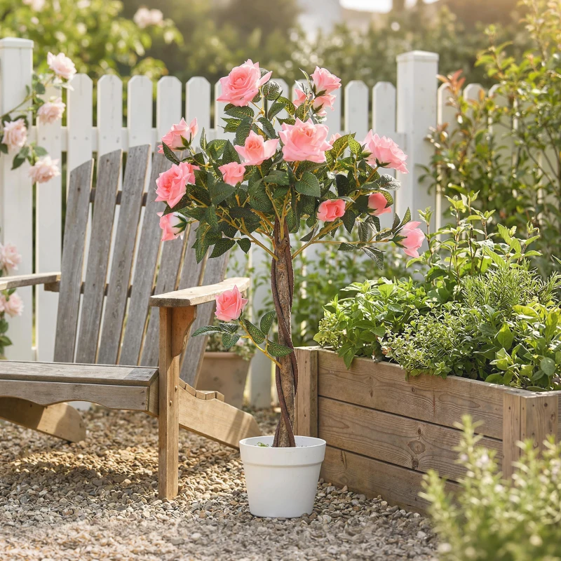 Outsunny Pianta Finta di Rosa da 21 Fiori con Vaso Riempito in Cemento e Muschio, Ø18x90 cm, Rosa