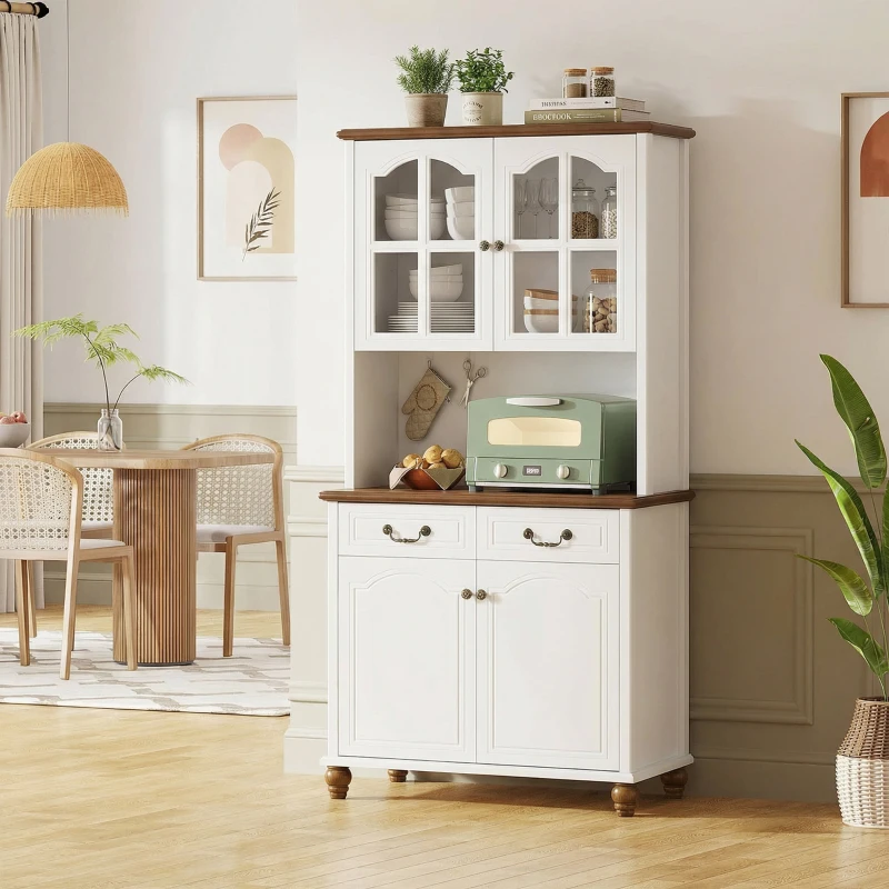 HOMCOM Szafka kuchenna z 2 szufladami, wysoki szafką z otwartą półką, szafka z witryną i funkcją Soft-Close do salonu, kuchni, 76 x 38 x 182 cm, biały(m-13)