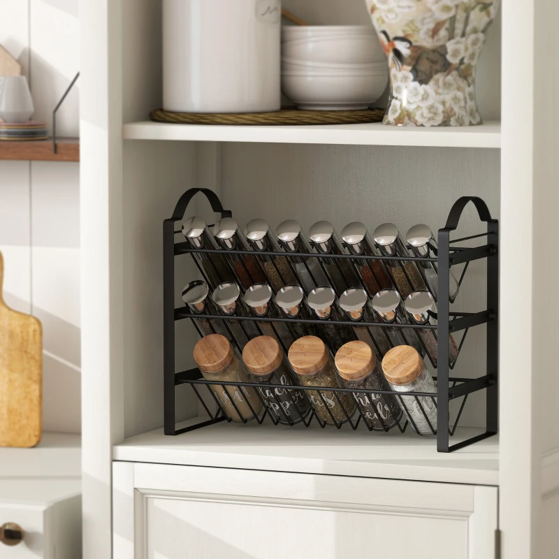 HOMCOM Portaspezie da Cucina a 3 Livelli, Organizer Salvaspazio con Ripiani Inclinati in Metallo, Nero