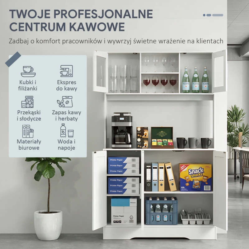 HOMCOM Szafka kuchenna, Design skandynawski, 4 szafki, Regulowane półki, Drzwi ze szkła, Otwarta przestrzeń, Płyta wiórowa, MDF, Biały(m-5)