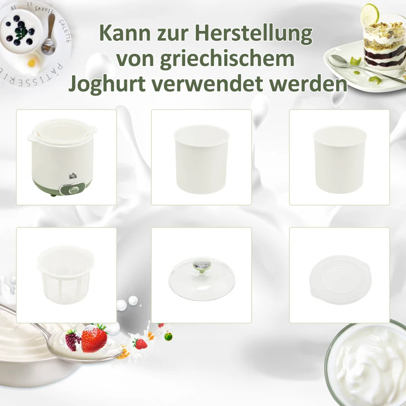 HOMCOM Joghurtbereiter, 1,5 L Joghurtmaschine mit Sieb, Deckel, 20 W Joghurt-Maker für griechischen Joghurt, für 3–5 Personen, 19,5x17,5x21,4 cm, Weiß