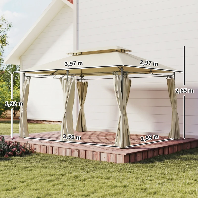 Outsunny Pérgola de Jardim 397x297x265 cm Pérgola de Exterior com Teto Duplo Paredes Laterais Resistente a Água Bege