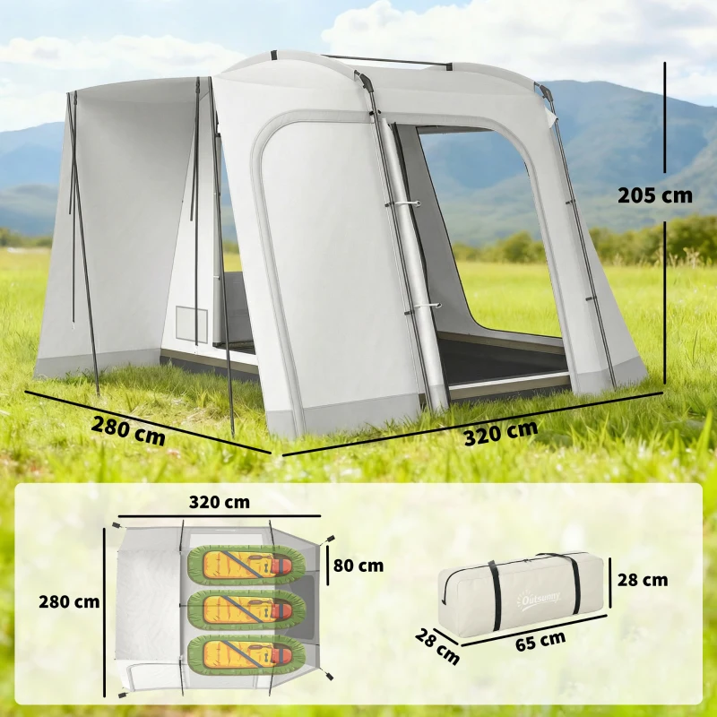 Outsunny Cort hayon pentru 2-4 persoane, 320 x 280 x 205 cm, cort auto 2 în 1 impermeabil, cort tip tunel cu 4 uși, fereastră, prelată pentru podea