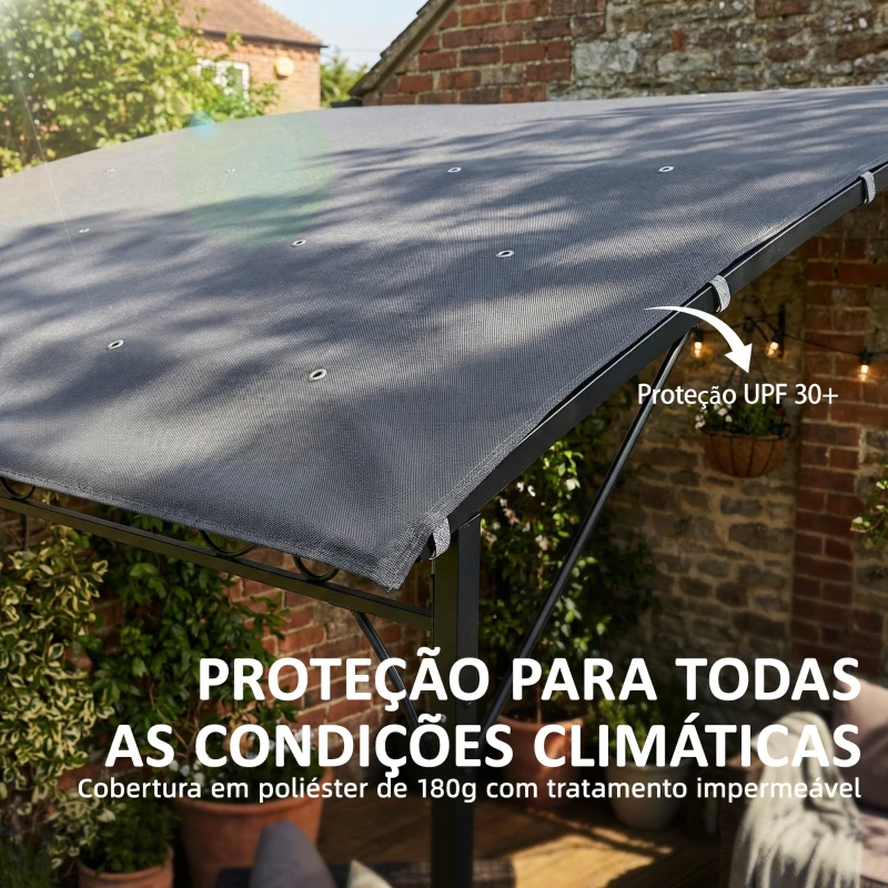 Outsunny Pérgola de Parede 2,8x3,8 m com Teto Inclinado Orifícios de Drenagem e Estrutura Metálica Cinzento